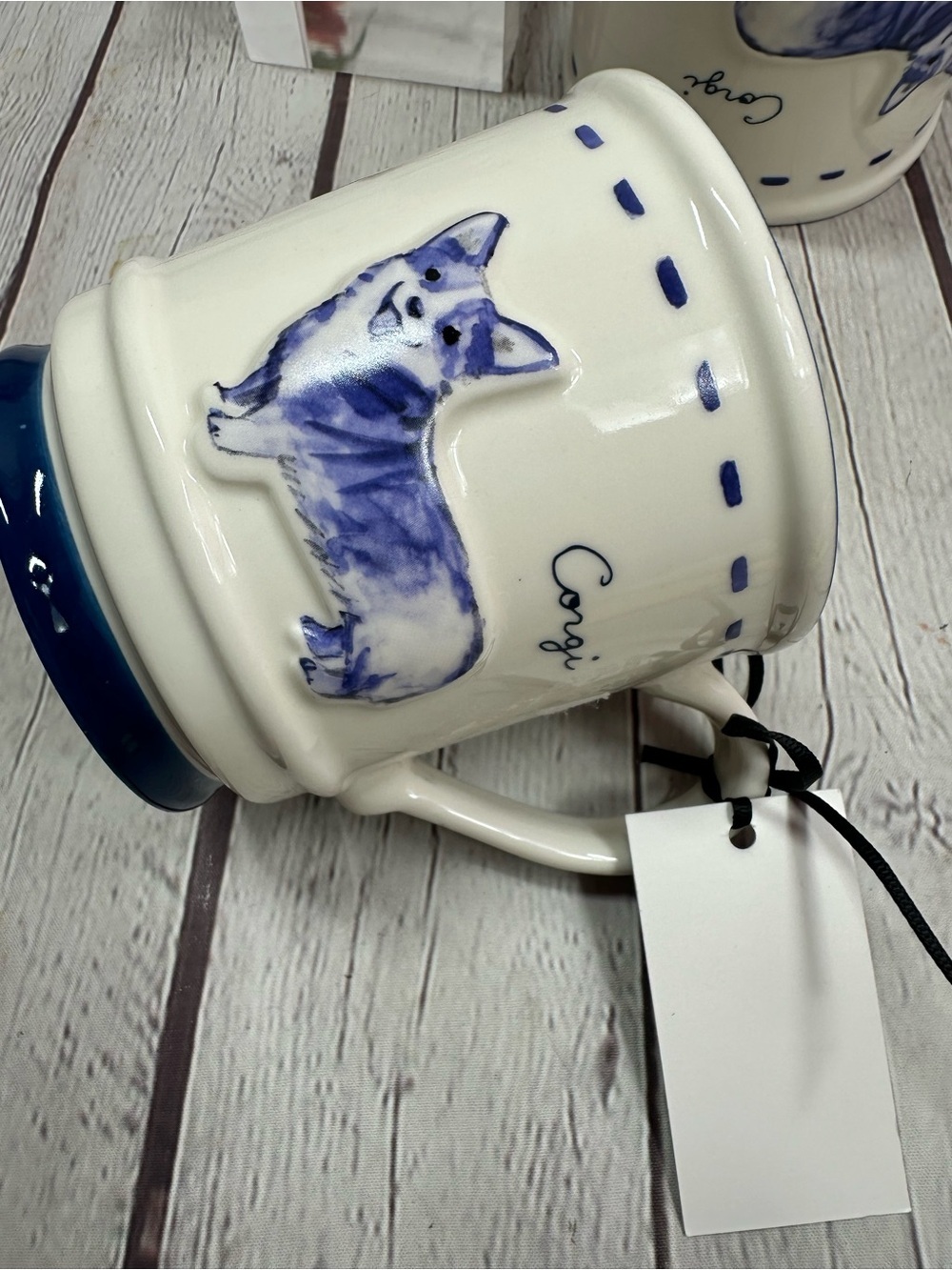 NWT dwell studio corgi  Mug 2pc Blue White traditional cottage minimalist